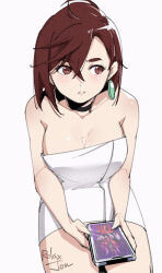 1girl ayase_momo bare_shoulders blush breasts brown_eyes brown_hair dandadan earrings hair_between_eyes highres jewelry relaxjon short_hair sitting towel white_background