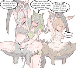 .. 3girls absurdres age_difference alternate_eye_color amiya_(arknights) animal_ear_fluff animal_ears antennae arknights armpits arms_up ascot bdsm black_hair black_pantyhose black_shorts blush bondage bound bound_wrists breasts brown_hair choker clenched_teeth crown crystal crystal_tail demon_horns demon_tail doctor dress english_text fang floating_crown full-face_blush green_dress green_eyes green_hair groping handjob highres horns legs long_hair material_growth medium_breasts medium_hair molestation mon3tr_(arknights) multicolored_hair multiple_girls navel no_shoes open_mouth originium_(arknights) oripathy_lesion_(arknights) panties pantyhose physisyoon rabbit_ears rabbit_girl shoes shorts sidelocks smile speech_bubble spread_legs suspension sweat tail teeth thigh_strap thighs two-tone_hair underwear uu~ w_(arknights) white_background white_dress white_hair white_panties wis&#039;adel_(arknights) yellow_eyes yuri