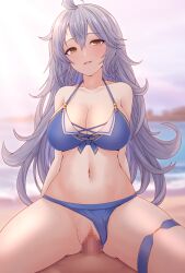 1boy 1girl absurdres ahoge bare_shoulders beach bikini bikini_bottom_aside blue_bikini braid breasts brown_eyes censored cleavage clothing_aside collarbone cowgirl_position front-tie_bikini_top front-tie_top girl_on_top granblue_fantasy hair_between_eyes hetero highres koumei_(twinameless) large_breasts long_hair looking_at_viewer mosaic_censoring navel open_mouth outdoors penis pov sex silva_(granblue_fantasy) smile solo_focus straddling swimsuit thigh_strap thighs twin_braids vaginal