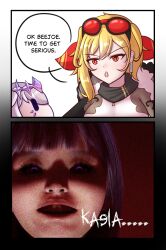 2girls absurdres blonde_hair commentary creepy english_commentary english_text eyewear_on_head grey_hair highres hololive hololive_english hololive_indonesia inzoi jewel_under_eye kaela_kovalskia kaela_kovalskia_(1st_costume) koseki_bijou long_hair multiple_girls open_mouth purple_eyes red-tinted_eyewear red_eyes seapupu speech_bubble tinted_eyewear virtual_youtuber