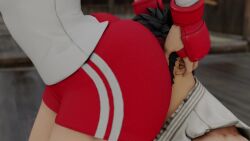 1boy 1girl 3d animated ass beard black_hair brown_hair capcom closed_eyes face_in_ass facial_hair fingerless_gloves gloves headband hetero highres huge_ass indoors kasugano_sakura kishi3d red_gloves red_headband red_shorts ryu_(street_fighter) short_hair shorts street_fighter street_fighter_v tagme video
