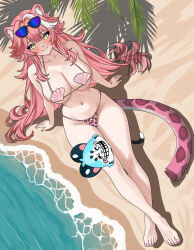 1girl absurdres animal_ears bare_shoulders beach between_legs bikini black-framed_eyewear blue-tinted_eyewear blush breasts chattino_(raora_panthera) cleavage closed_mouth collarbone commentary day english_commentary eyeshadow eyewear_on_head from_above hair_intakes highres hololive hololive_english ivan_ramirez large_breasts leopard_print_bikini long_hair looking_at_viewer makeup mismatched_bikini multicolored_hair nail_polish navel ocean outdoors palm_tree panther_ears panther_girl panther_tail pink_bikini pink_eyeshadow pink_hair pink_nails raora_panthera sand shell shell_bikini shiny_skin sitting skindentation smile stomach streaked_hair sunglasses swimsuit tail thighs tinted_eyewear toenail_polish toenails tree troll_face two-tone_hair virtual_youtuber white_hair yellow_eyes