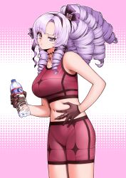 1girl :t absurdres bare_shoulders black_gloves bottle breasts choker crop_top drill_hair gloves gym_shorts hair_ribbon hairband half-closed_eye high_ponytail highres holding holding_bottle hyakumantenbara_salome large_breasts long_hair midriff navel nijisanji parted_bangs ponytail pout pouty_lips purple_eyes purple_hair purple_ribbon raised_eyebrow ribbon ringlets shorts simple_background solo sports_bra sportswear tehepero_000 uneven_eyes virtual_youtuber water_bottle