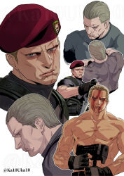 Rule 34 | 1boy, abs, beret, black shirt, blonde hair, blood, blood on face, blue eyes, closed mouth, commentary request, gun, hair slicked back, hat, highres, holding, holding gun, holding weapon, injury, jack krauser, katou teppei, knife, male focus, multiple views, muscular, muscular male, nipples, pectorals, profile, red hat, resident evil, resident evil 4, scar, scar on chest, scar on face, shirt, short sleeves, skin tight, submachine gun, topless male, veins, veiny arms, watermark, weapon, white background