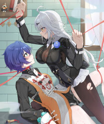 2girls absurdres ahoge belle_(delicate_daylight)_(zenless_zone_zero) belle_(zenless_zone_zero) black_pantyhose black_shirt black_unitard blue_flower blue_hair blue_rose bodystocking breasts chinese_clothes dress dress_over_shirt flower flower_on_chest hair_ornament highres large_breasts letter_hair_ornament long_hair long_sleeves looking_at_another multiple_girls official_alternate_costume orange_dress pantyhose rose shirt short_hair string torn_clothes torn_pantyhose w-baiye white_hair white_pantyhose yellow_eyes yi_xuan_(trails_of_ink)_(zenless_zone_zero) yi_xuan_(zenless_zone_zero) yuri zenless_zone_zero