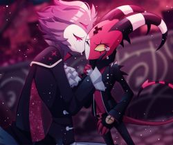 2boys black_cape black_jacket blitzo_(helluva_boss) blurry blurry_background brown_sclera cape cheer_(cheerpuppy14) claws closed_mouth colored_sclera colored_skin commentary demon_horns demon_tail english_commentary fang frills from_side heart helluva_boss horns jacket long_sleeves multiple_boys open_clothes open_jacket open_mouth pink_eyes pink_hair pink_sclera red_cape red_skin short_hair skin_fang stolas_(helluva_boss) tail tearing_up tears