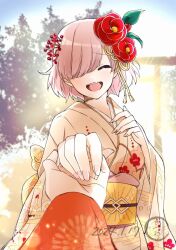 1girl 1other backlighting chaldea_logo closed_eyes eyelashes facing_viewer fate/grand_order fate_(series) floral_print flower grin hair_flower hair_ornament holding_hands japanese_clothes kimiori_(yuapple241) kimono mash_kyrielight nail_polish open_mouth pink_hair smile tree