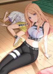 absurdres bare_shoulders black_leggings blonde_hair braid breasts fujita_kotone gakuen_idolmaster highres idolmaster indoors juo_sena large_breasts leggings long_hair looking_at_viewer lying midriff multicolored_hair navel on_side pink_hair purple_eyes shirt shoes shorts sitting sneakers sports_bra streaked_hair sulgi_park sweat twin_braids two-tone_hair white_shirt white_shoes white_sports_bra yellow_shorts