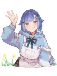 1girl arm_cutout black_choker blue_hair blue_hoodie choker cropped_torso drawstring flower_hairpin gradient_hair grey_eyes hair_flaps highres hood hoodie medium_hair multicolored_hair overalls simple_background solo tied_drawstring tsubu_(kappunioyu562) tsumugi_kokage virtual_youtuber vspo! water_drop_hair_ornament waving white_background white_overalls