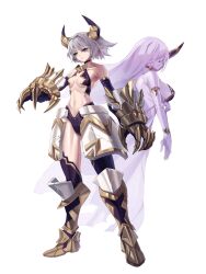 2girls absurdres armlet armor armored_boots boots bracelet breasts choker claws closed_eyes collarbone colored_skin elbow_gloves expressionless faulds full_body gauntlets gloves grey_hair highres horns jewelry large_breasts long_hair multiple_girls navel original purple_eyes purple_hair purple_skin revealing_clothes short_hair single_horn small_breasts spirit standing thighhighs white_background zhu_fun