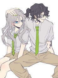 Rule 34 | 1boy, 1girl, :d, absurdres, black hair, blue hair, brother and sister, brown pants, brown skirt, collared shirt, daki (kimetsu no yaiba), earrings, green nails, green necktie, grey hair, grin, gyuutarou (kimetsu no yaiba), highres, invisible chair, jewelry, kimetsu gakuen, kimetsu no yaiba, long hair, nail polish, necktie, open mouth, pants, rand (user cpvm2834), school uniform, sharp teeth, shirt, siblings, sitting, skirt, smile, teeth, wavy hair, white background, white shirt