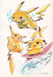 animal_focus brown_eyes closed_mouth commentary electricity full_body gen_1_pokemon highres jodytsengart multiple_views nintendo no_humans open_mouth painting_(medium) pikachu pokemon pokemon_(creature) procreate_(medium) signature simple_background surfboard traditional_media water watercolor_(medium) white_background