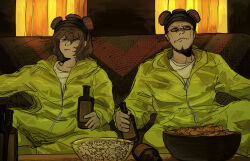 2boys akechi_gorou bald bottle bowl breaking_bad brown_hair chips_(food) couch facial_hair father_and_son food hazmat_suit highres holding holding_bottle jumpsuit multiple_boys on_couch orange-framed_eyewear persona persona_5 persona_5_the_royal popcorn rugwurm shidou_masayoshi shirt white_shirt yellow_jumpsuit