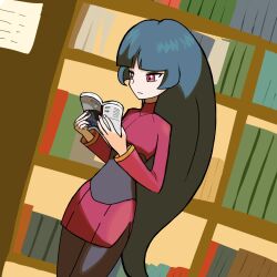 1girl black_hair blunt_bangs bodystocking book closed_mouth cowboy_shot crop_top dutch_angle expressionless female_focus flat_chest holding holding_book indoors library long_hair long_sleeves miniskirt monya nintendo open_book pencil_skirt pokemon pokemon_frlg reading red_eyes red_shirt red_skirt sabrina_(pokemon) shirt side_slit sidelocks skirt solo standing very_long_hair yellow_trim