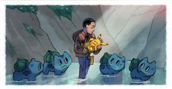 0_0 1boy animal black_hair border bulbasaur closed_eyes commentary d: dark-skinned_male dark_skin day denim detective_pikachu_(character) detective_pikachu_(movie) detective_pikachu_(series) english_commentary flower furrowed_brow gen_1_pokemon grass holding holding_animal holding_pokemon jacket jeans light_rays louie_zong male_focus nature nintendo open_mouth outdoors pants pikachu pokemon pokemon_(creature) profile reflection ripples river rock sad soaking_feet standing sunlight tim_goodman_(movie) wading water white_border white_flower