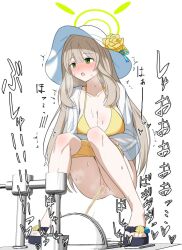ass bikini blue_archive blush brown_hair flower green_eyes hat high_heels long_hair nonomi_(blue_archive) nonomi_(swimsuit)_(blue_archive) peeing pussy squat_toilet squatting sweat swimsuit white_hat yellow_bikini yellow_flower