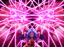 1girl blue_capelet blue_eyes blue_hair blue_headwear capelet closed_mouth eyebrows female_focus frills headwear_request holding hood hoop jewelry kesa kumoi_ichirin light light_rays looking_at_viewer necklace pendant rope serious short_hair solo spell_card standing sunnysideup touhou undefined_fantastic_object unzan upper_body wide_sleeves
