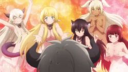 10s 1boy 5girls alicia_crystella animal_ears animated animated_gif anime_screenshot aqua_eyes armpits arms_up barefoot black_hair blonde_hair blush braid breasts cat_ears closed_eyes collar convenient_censoring convenient_head covering_breasts covering_privates dark-skinned_female dark_skin diablo_(isekai_maou) edelgard_(isekai_maou) elf fang glasses green_eyes grey_hair hair_censor hair_ornament hair_over_breasts hair_scrunchie harem horns isekai_maou_to_shoukan_shoujo_no_dorei_majutsu kaneko_shizue krebskulm large_breasts loli long_hair matching_hair/eyes medium_breasts metal_collar multiple_girls navel nude open_mouth pointy_ears purple_eyes red_eyes red_hair rem_galleu round_eyewear scrunchie shera_l._greenwood short_hair slave small_breasts smile sparkle sparkle_background sweat sweatdrop tail tail_censor talking twintails