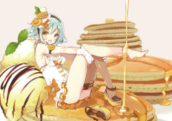 1girl :d bare_shoulders barefoot blouse blue_hair blurry bow bra_strap breasts brown_eyes butter depth_of_field fang female_focus food gloves hair_ornament hairband hands_on_own_knees ice_cream in_food knees_up leg_up looking_at_viewer mary_janes mini_person minigirl miniskirt mint miyoshino open_mouth original pancake platform_shoes shirt shoes short_hair sideboob single_shoe single_thighhigh sitting skirt sleeveless small_breasts smile solo syrup thighhighs white_gloves white_shirt