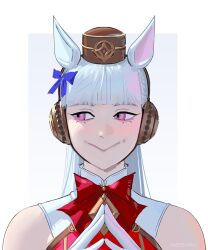 Rule 34 | 1girl, :&gt;, animal ears, bare shoulders, blunt bangs, bow, bowtie, brown hat, commentary, dress, ear bow, ear covers, english commentary, gold ship (umamusume), hat, horse ears, horse girl, long hair, looking to the side, neozumi, pillbox hat, portrait, red bow, red bowtie, red dress, scheming, simple background, solo, steepled fingers, straight-on, umamusume, white hair
