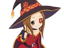Rule 34 | 1girl, absurdres, belt, black belt, black choker, black gloves, blush, brown cape, brown eyes, brown hair, cape, choker, commentary request, cosplay, dress, eyepatch, fingerless gloves, gloves, grin, hat, highres, karakai jouzu no takagi-san, kono subarashii sekai ni shukufuku wo!, long hair, looking at viewer, megumin, megumin (cosplay), pointing, pointing at viewer, red dress, simple background, smile, solo, takagi-san, takahashi rie, teeth, towel taro, upper body, voice actor connection, white background, witch hat