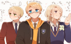3boys ahoge alternate_costume america_(hetalia) argyle_clothes axis_powers_hetalia black-framed_eyewear black_jacket blonde_hair blue_eyes blue_necktie breast_pocket brown_necktie closed_mouth collared_shirt commentary_request emblem facial_hair floral_print flower france_(hetalia) glasses green_eyes hand_up heart highres hood hoodie jacket lapels long_sleeves looking_at_viewer looking_to_the_side male_focus multiple_boys musical_note necktie ninonuko one_eye_closed open_clothes open_jacket orange_hoodie petals pocket puffy_long_sleeves puffy_sleeves purple_eyes purple_necktie red_sweater semi-rimless_eyewear shirt short_hair sidelocks simple_background suit_jacket sweatdrop sweater translation_request united_kingdom_(hetalia) upper_body v-shaped_eyebrows white_background white_flower white_shirt
