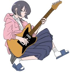 1girl blue_skirt blunt_bangs collared_shirt electric_guitar fender_jazzmaster fujii_ayame futsuu_no_keion-bu guitar highres holding holding_guitar holding_instrument hood hood_down hooded_jacket instrument jacket monochrome_background music ph_oyu pink_hood pink_jacket playing_guitar playing_instrument pleated_skirt purple_eyes purple_hair sandals shirt simple_background skirt slides socks solo white_background white_shirt white_socks wolf_cut