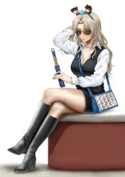1girl bag black_boots black_skirt blonde_hair blue_hairband boots breasts character_doll cleavage closed_mouth commentary_request crossed_legs full_body hairband hand_up handbag highres kudou_shin&#039;ichi large_breasts long_hair long_sleeves meitantei_conan mouri_ran red_lips shirt simple_background sitting skirt solo sunglasses thigh_boots tsukumo_momo vermouth_(meitantei_conan) white_background white_shirt