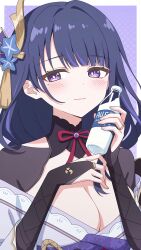 1girl absurdres armor blue_flower blue_pupils blunt_bangs blush bottle breasts bridal_gauntlets cleavage closed_mouth clothing_cutout dango_milk_(genshin_impact) fan_hair_ornament flower genshin_impact hair_flower hair_ornament hands_up head_tilt highres holding holding_bottle ireddragonicy japanese_armor large_breasts long_hair looking_to_the_side mitsudomoe_(shape) mole mole_under_eye multicolored_eyes multicolored_hair neck_ribbon off_shoulder purple_eyes purple_hair purple_sash raiden_shogun red_ribbon ribbon sash shade shoulder_armor shoulder_cutout solo streaked_hair teeth tomoe_(symbol) upper_teeth_only