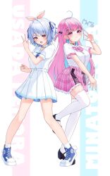 :d ahoge anchor_print animal_ear_legwear animal_ears black_choker black_shoes blue_hair blue_shoes blunt_bangs bow bowtie braid carrot_hair_ornament cat_ear_legwear cat_hair_ornament character_name choker closed_mouth colored_inner_hair commentary_request dress fanged_bangs food-themed_hair_ornament full_body hair_ornament hairclip hand_up highres hololive long_hair looking_at_viewer mary_janes minato_aqua minato_aqua_(school_uniform) miniskirt multicolored_hair o-ring o-ring_choker official_alternate_costume official_alternate_hair_length official_alternate_hairstyle open_mouth pink_bow pink_bowtie pink_hair pink_skirt plaid_bow plaid_bowtie plaid_clothes plaid_skirt pleated_dress pleated_skirt puffy_short_sleeves puffy_sleeves rabbit-shaped_pupils rabbit_ears rabbit_girl sailor_collar sailor_dress school_uniform shirt shirt_tucked_in shoes short_dress short_hair short_sleeves side_braid skirt smile sneakers socks streaked_hair symbol-shaped_pupils thick_eyebrows thighhighs two-tone_hair two_side_up tyabesu usada_pekora usada_pekora_(casual) very_long_hair virtual_youtuber white_choker white_dress white_hair white_sailor_collar white_shirt white_socks white_thighhighs x_hair_ornament