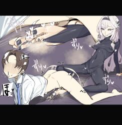 1boy 1girl afterimage ass black_bodysuit black_nails blue_archive blue_necktie bodysuit bottomless breasts brown_hair cameltoe collared_shirt commentary covered_erect_nipples faceless faceless_male footjob grin hetero highres himari_(blue_archive) leebo_(leeboxxx) long_hair long_sleeves medium_breasts mole mole_under_eye nail_polish necktie open_mouth penis pink_eyes pink_hair pointy_ears sagging_breasts sensei_(blue_archive) shirt short_hair smile stirrup_legwear symbol-only_commentary teeth toeless_legwear toenail_polish toenails toes white_shirt