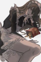1girl akai_ringo_(eveyuno) dress highres long_hair long_sleeves looking_at_viewer lying maid maid_headdress original ribbon white_background