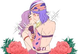 2girls bandana blush closed_eyes earrings final_fantasy final_fantasy_ii flower gauntlets highres holding_stomach implied_kiss jewelry maria_(ff2) muffywaifu multiple_girls purple_hair red_flower red_rose reila rose smile sparkle white_background yuri