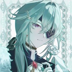1boy alternate_costume anaxa_(honkai:_star_rail) aqua_hair closed_eyes closed_mouth eyepatch flower gem half-closed_eyes highres holding holding_flower honkai:_star_rail honkai_(series) leonie28 looking_at_viewer male_focus medium_hair one_eye_covered pink_eyes red_gemstone rose side_ponytail solo twitter_username upper_body white_flower white_rose