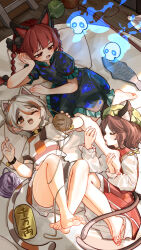 Rule 34 | 3girls, absurdres, animal ears, barefoot, bell, black dress, braid, brown eyes, brown hair, cat ears, cat girl, cat tail, chen, chinese commentary, closed eyes, commentary request, dress, goutokuji mike, green dress, highres, kaenbyou rin, kourou (kouroukun), licking, licking leg, multicolored hair, multiple girls, multiple tails, nekomata, one eye closed, open mouth, pinafore dress, puffy short sleeves, puffy sleeves, red dress, red eyes, red hair, shirt, short sleeves, sleeveless, sleeveless dress, streaked hair, tail, toes, touhou, twin braids, two tails, white hair, white shirt, yuri