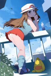 Rule 34 | 1girl, bag, bent over, bottle, brown hair, bucket hat, closed mouth, cloud, commentary request, day, falling leaves, floating hair, grey eyes, hat, highres, holding, leaf, leaf (pokemon), long hair, looking back, loose socks, nintendo, outdoors, panties, pleated skirt, pokemon, pokemon frlg, red skirt, shirt, shoes, skirt, sky, sleeveless, sleeveless shirt, socks, solo, suo (esu), underwear, unworn bag, water bottle, white hat, white panties, wind