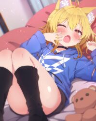 Rule 34 | 1girl, animal ear fluff, animal ears, black choker, black socks, blonde hair, blue hoodie, brown eyes, cat ears, cat girl, choker, commentary request, dashed eyes, enozuderu, fang, flat chest, highres, hood, hood down, hoodie, knees up, long sleeves, looking at viewer, lying, on back, one eye closed, open mouth, original, paid reward available, short hair, skin fang, socks, solo, stuffed animal, stuffed toy, teddy bear, yawning