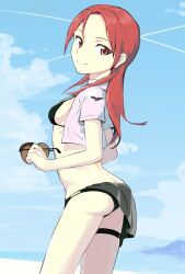 1girl ass beach bikini minna-dietlinde_wilcke miyukizumy red_eyes red_hair smile strike_witches sunglasses swimsuit tagme world_witches_series