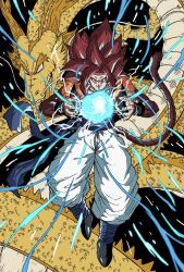 Rule 34 | 1boy, black vest, blue eyes, blue sash, body fur, brown fur, cropped vest, debudebumetabo, dragon, dragon ball, dragon ball gt, dragon fist (dragon ball), full body, gogeta, highres, kamehameha (dragon ball), long hair, metamoran vest, monkey tail, pants, powering up, red hair, sash, solo focus, spiked hair, super saiyan, super saiyan 4, tail, vest, white pants
