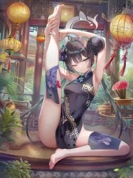 1girl absurdres animated armpits arms_up bare_legs barefoot black_dress black_eyes black_hair blue_archive breasts butterfly_hair_ornament chinese_clothes clothing_cutout dot_nose dress feet female_focus full_body hair_bun hair_buns hair_ornament highres kisaki_(blue_archive) leg_up legs loli long_hair looking_at_viewer movement navel_cutout poi_1 sitting sleeveless small_breasts smile solo solo_focus tagme thighs thighs_focus toes very_long_hair video