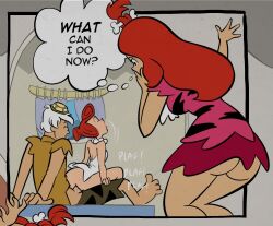 1boy 2girls age_difference ass bamm-bamm_rubble caveman cavewoman cheating_(relationship) dress english_text long_hair markkleanup mother-in-law_and_son-in-law multiple_girls pebbles_flintstone penis red_hair sound_effects speech_bubble the_flintstones thought_bubble white_dress white_hair wilma_flintstone
