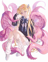 1girl ballet_slippers bike_shorts black_shirt blonde_hair blue_bow blue_bowtie bow bowtie breasts collared_shirt expressionless full_body hair_bow hair_ribbon highres knees_up long_hair looking_at_viewer loose_socks monster_girl original oto1_030 parted_lips pink_eyes purple_nails ribbon scylla shirt shorts simple_background sitting skirt sleeves_past_wrists small_breasts socks solo squid_girl tentacles twintails v very_long_hair white_background white_shorts white_skirt white_socks