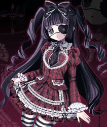 Rule 34 | 1girl, blunt bangs, bow, cross, eyepatch, frilled skirt, frills, goth fashion, gothic lolita, hair bow, highres, lace, lace-trimmed skirt, lace trim, lolita fashion, long hair, necktie, original, plaid clothes, plaid skirt, ringlets, skirt, twintails, yuni (s ribbon)