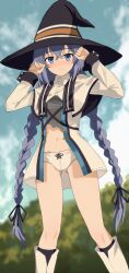 1girl absurdres blue_eyes blue_hair boots bow bow_panties braid capelet closed_mouth cloud cloudy_sky crossed_bangs feet_out_of_frame geez gluteal_fold grey_shirt hair_between_eyes hat highres jacket knee_boots light_blush long_braid long_hair long_sleeves looking_at_viewer mushoku_tensei navel outdoors panties roxy_migurdia shirt sky solo standing torn_clothes torn_shirt twin_braids underwear very_long_hair white_boots white_capelet white_jacket white_panties witch_hat