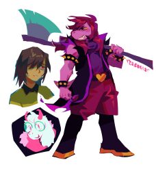 1boy 1girl 1other animal_ears armlet axe boots bracelet buckle colored_skin deltarune furry furry_female goat_ears goat_horns green_scarf green_sweater heart heart-shaped_buckle highres holding holding_axe horns jacket jewelry kris_(deltarune) long_hair open_clothes pink_scarf purple_shirt purple_skin ralsei ratbuchet red_eyes scar scarf sharp_teeth shirt simple_background smile spiked_armlet spiked_bracelet spikes striped_clothes striped_sweater susie_(dark_world)_(deltarune) susie_(deltarune) sweater teeth white_background