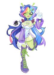 1girl alien alien_hair_ornament antennae blue_hair blush boots breasts colored_skin commentary cyber_fashion detached_sleeves dress english_commentary gloves green_eyes green_skin headphones highres leg_up leotard long_hair medium_breasts multicolored_hair one_eye_closed original purple_boots purple_sleeves rainbow_hair see-through_clothes see-through_dress skullsideart solo standing standing_on_one_leg streaked_hair tongue tongue_out ufo_skirt v very_long_hair white_gloves white_leotard