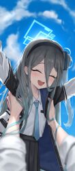 Rule 34 | 1girl, 1other, absurdres, aqua halo, aris (blue archive), arms up, black hair, black hairband, black jacket, black skirt, blue archive, blue hair, blue jacket, blue necktie, blue sky, blurry, blush, carrying, carrying person, closed eyes, cloud, collared shirt, commentary, day, depth of field, facing viewer, gradient hair, hair behind ear, hair between eyes, hairband, halo, happy, highres, jacket, lifting person, long bangs, long hair, long hair between eyes, long sidelocks, long sleeves, loosely tucked bangs, messy hair, multicolored hair, multicolored jacket, necktie, one side up, open clothes, open jacket, open mouth, pleated skirt, pocket, pov, pov hands, rectangular halo, school uniform, shirt, shirt tucked in, sidelocks, skirt, sky, smile, solo focus, teeth, three-quarter sleeves, two-sided fabric, two-sided jacket, ubeuna, upper teeth only, very long hair, very long sidelocks, white jacket, white shirt