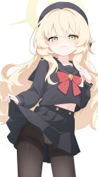 Rule 34 | 1girl, :3, absurdres, black hat, black pantyhose, black sailor collar, black serafuku, black shirt, black skirt, blonde hair, blue archive, bow, bowtie, closed mouth, commentary, cowboy shot, green eyes, halo, hat, highres, jiuchong ying fengxue, long hair, long sleeves, looking at viewer, midriff, miniskirt, navel, panties, panties under pantyhose, pantyhose, pleated skirt, professor niyaniya (blue archive), puffy long sleeves, puffy sleeves, red bow, red bowtie, sailor collar, school uniform, serafuku, shirt, simple background, skirt, solo, thighband pantyhose, underwear, very long hair, wavy hair, white background, white panties, yellow halo