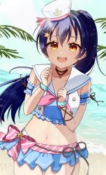 1girl :d armband beach bikini blue_bikini blue_hair buttons collarbone cowboy_shot double-breasted embarrassed frilled_armband frills hat highres long_hair love_live! love_live!_school_idol_project navel open_mouth orange_eyes outdoors ozawasan0930 ponytail sailor_bikini sailor_collar smile solo sonoda_umi stomach swimsuit teeth upper_teeth_only very_long_hair white_hat white_sailor_collar