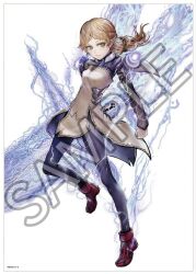 Rule 34 | 1girl, almostdeadbydawn, blonde hair, boots, breasts, clenched hand, closed mouth, dress, elf, full body, green eyes, isekai ojisan, lightning, long hair, long sleeves, looking at viewer, medium breasts, pantyhose, parted bangs, pointy ears, sample watermark, simple background, solo, standing, standing on one leg, sui (isekai ojisan), tsurime, watermark, white background